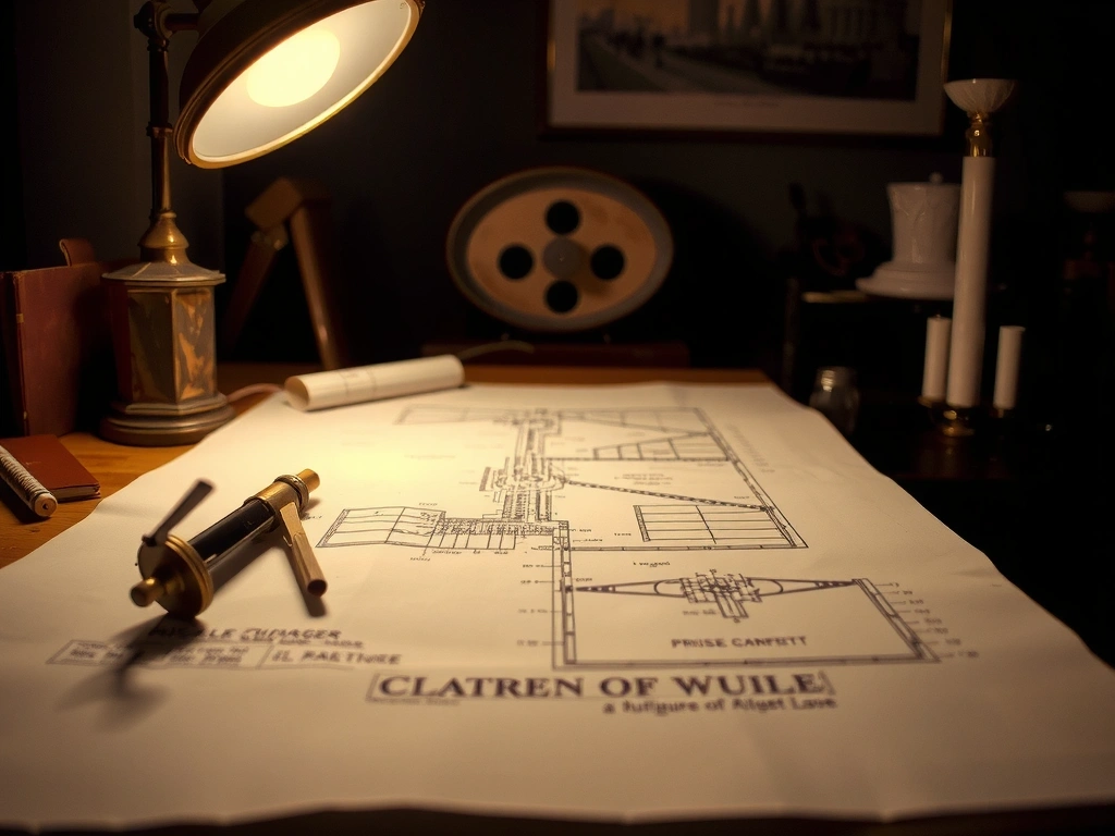A detailed view of an architectural blueprint spread on a wooden drafting table, illuminated by a single lamp.